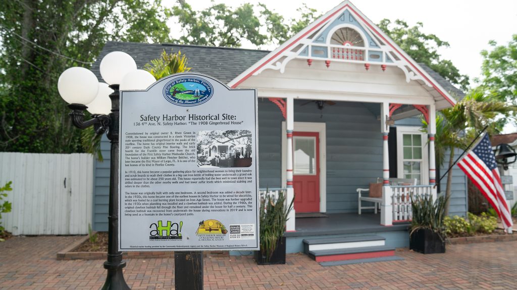 Historic gingerbread house in downtown Safety Harbor Florida at 136 4th Avenue North featuring cultural significance and preserved architectural detail