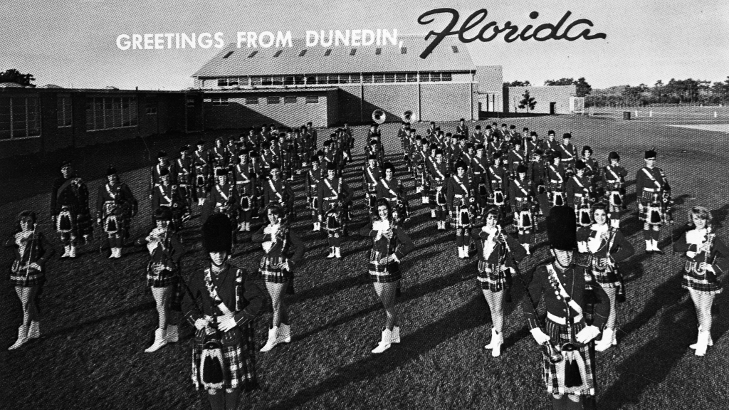 1967 Dunedin Pipe Band performing in downtown Dunedin Florida